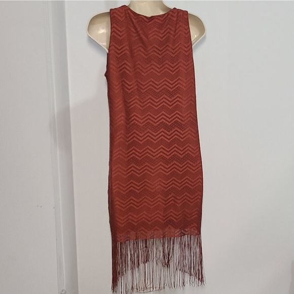 Amisu Dark Orange Zigzag Tassel Dress with Fringe Bottom. - Picture 2 of 5